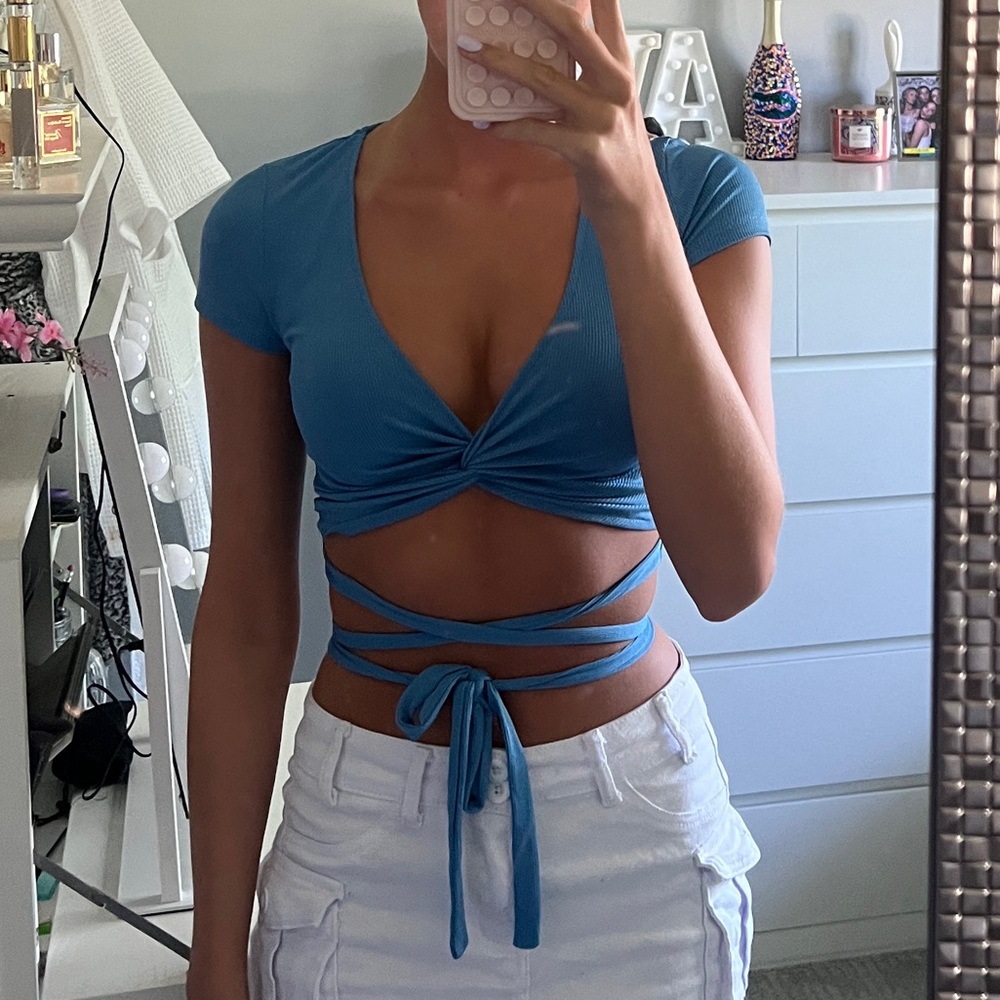 Princess Polly blue wrap top